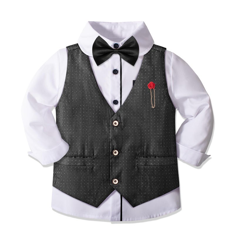Nwada Boys Suit Set Formal Dress Shirt Bow Tie Slim Vest and Pants Toddler Boy Clothes Suits Gray - Image 4